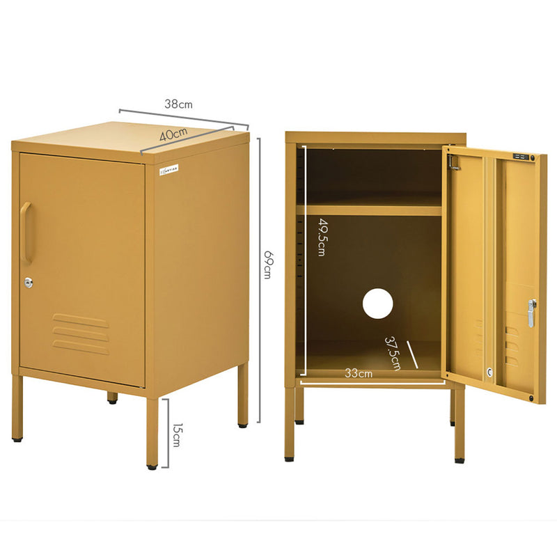 Metal Locker Style Bedside Table - Yellow with lockable door, internal shelf, and ventilation detail, shown with dimensions.