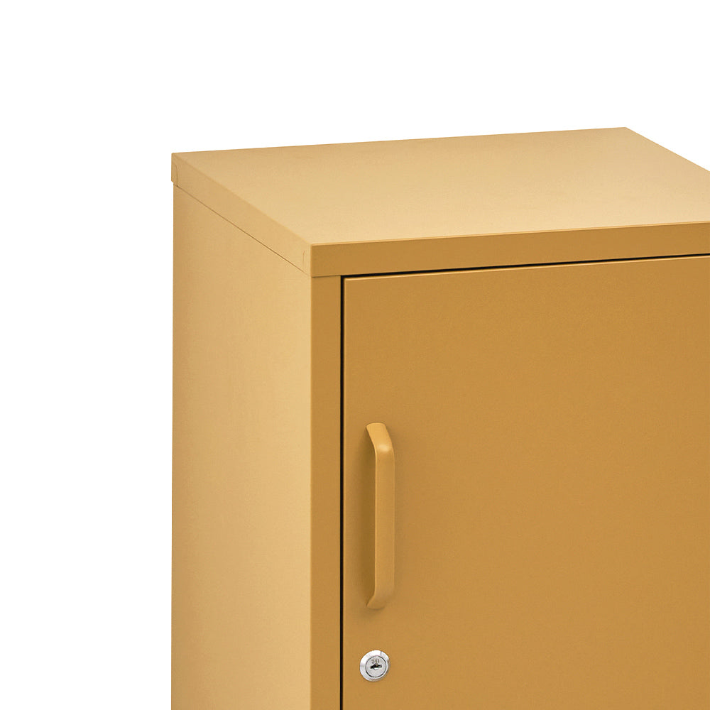 Metal Locker Style Bedside Table - Yellow with single door, metal handle, and lock, ideal for bedroom furniture storage.