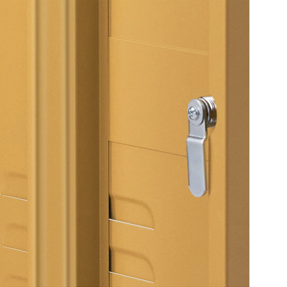 Close-up of Metal Locker Style Bedside Table - Yellow showing metal latch and ventilated door details in bedroom furniture setting