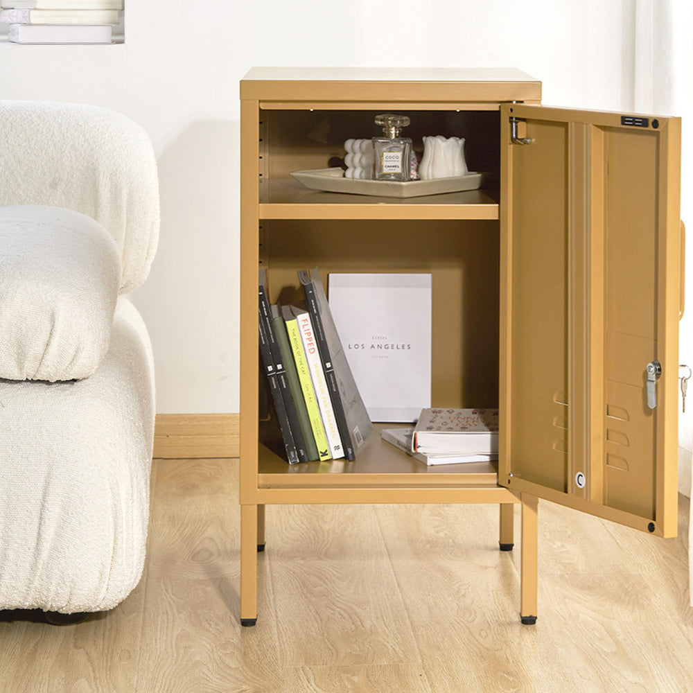 Metal Locker Style Bedside Table - Yellow with open door, storage shelf, and books in a modern bedroom setting