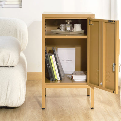 Metal Locker Style Bedside Table - Yellow with open door, storage shelf, and books in a modern bedroom setting