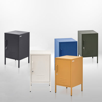 Metal Locker Style Bedside Table - Yellow with lockable door, standing on four legs, surrounded by black, white, blue, and green versions