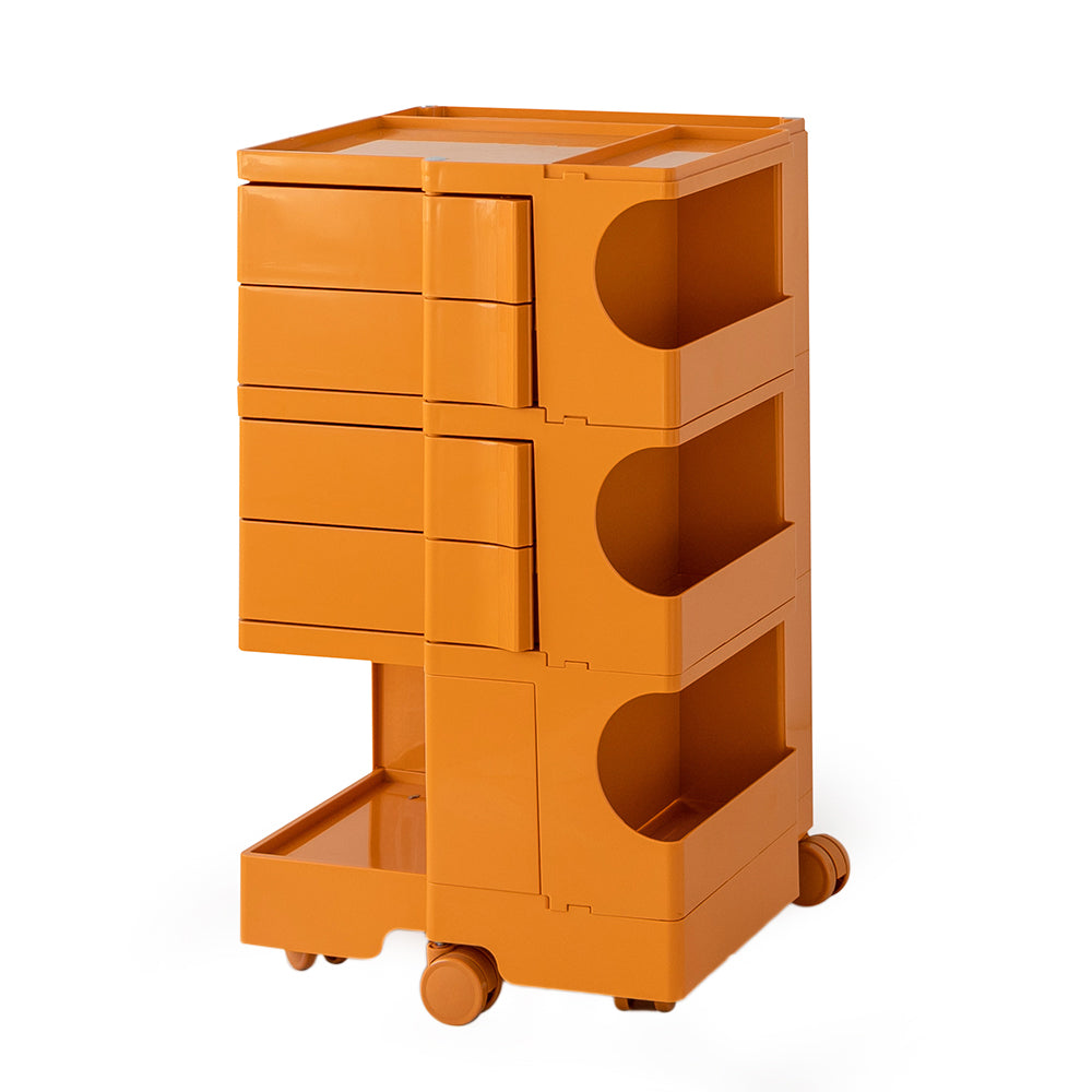 5 Tier Bedside Table Organizer Orange with drawers and open shelves on wheels, ideal for bedroom furniture storage.