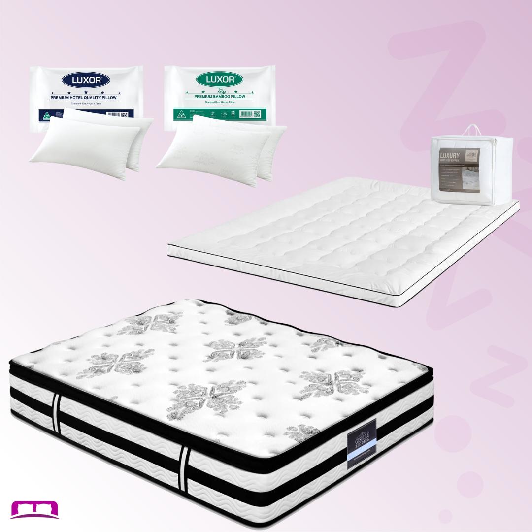 Queen Comfort Package | Algarve Euro Top Mattress (Medium Firm), Deluxe Pillowtop Topper, 2 Deluxe & 2 Cooling Pillows