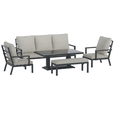 Torquay Outdoor Aluminium 7 Seater Lounge Set - Grey with cushioned sofa, chairs, bench, and rectangular table