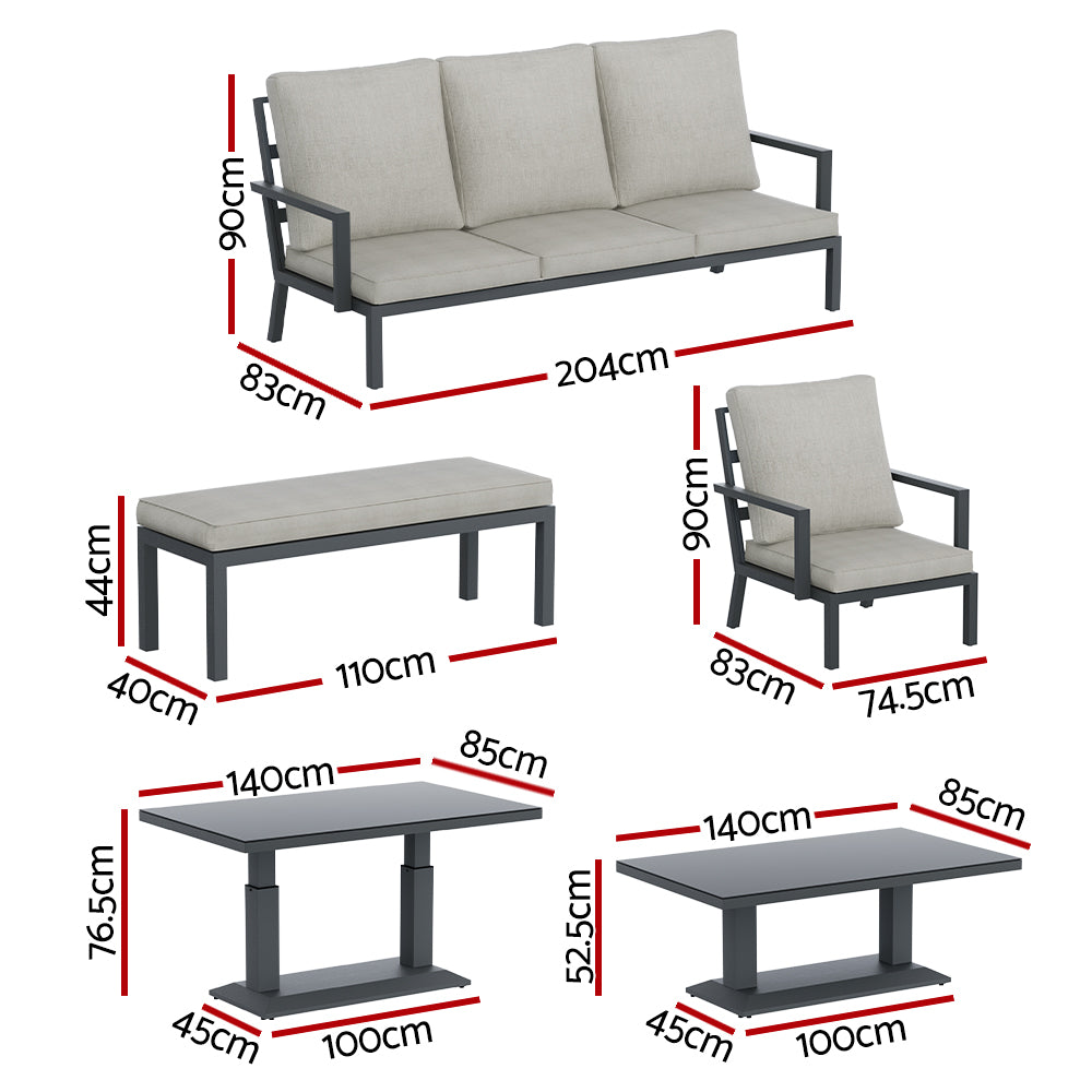 Torquay Outdoor Aluminium 7 Seater Lounge Set - Grey with cushioned sofa, armchairs, table, and bench dimensions shown
