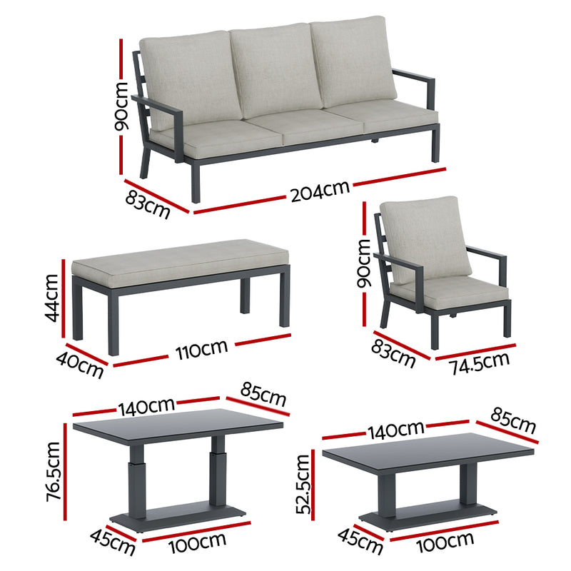 Torquay Outdoor Aluminium 7 Seater Lounge Set - Grey with cushioned sofa, armchairs, table, and bench dimensions shown