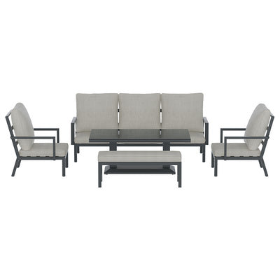 Torquay Outdoor Aluminium 7 Seater Lounge Set - Grey with cushioned seats, metal frame, glass table, and bench seat.