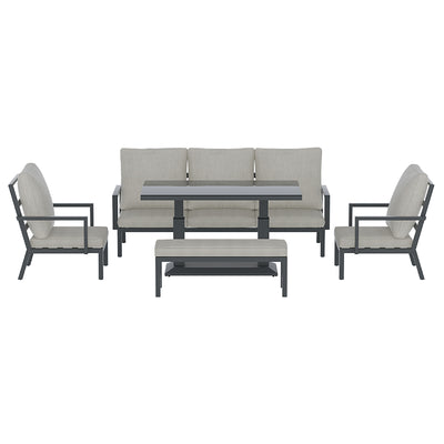Torquay Outdoor Aluminium 7 Seater Lounge Set - Grey with cushioned seats, armchairs, bench, and a central table.