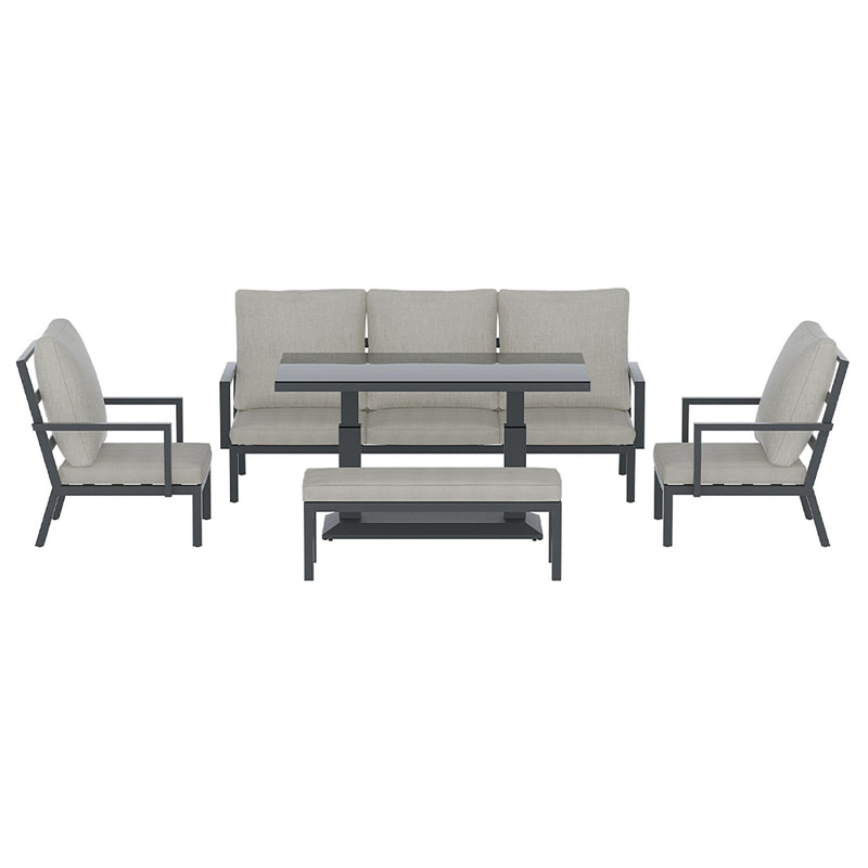 Torquay Outdoor Aluminium 7 Seater Lounge Set - Grey with cushioned seats, armchairs, bench, and a central table.