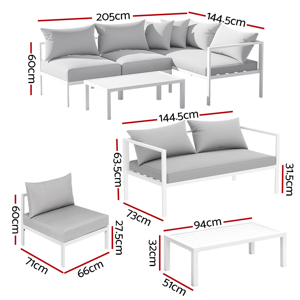 Airlie 4 Seat Aluminium Outdoor Sofa and Table Set White with sectional sofas and rectangular coffee table, dimensions shown