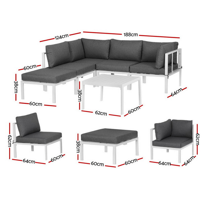5-Seater Outdoor Aluminium Sofa Set – White Frame, Grey Cushions-3