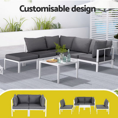 5-Seater Outdoor Aluminium Sofa Set – White Frame, Grey Cushions