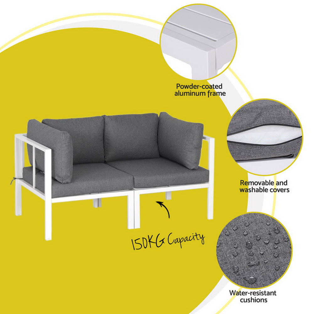 5-Seater Outdoor Aluminium Sofa Set – White Frame, Grey Cushions