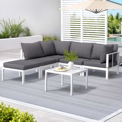 5-Seater Outdoor Aluminium Sofa Set – White Frame, Grey Cushions