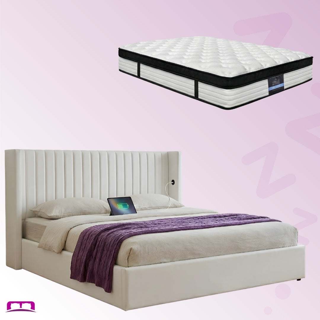 King Package | Aria Gas Lift Storage Bed Frame White & Serenity Euro Top Mattress (Medium Firm)