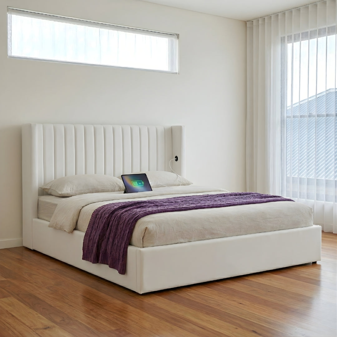 Aria Vertical Tufted Double Gas Lift Storage Bed Frame – White