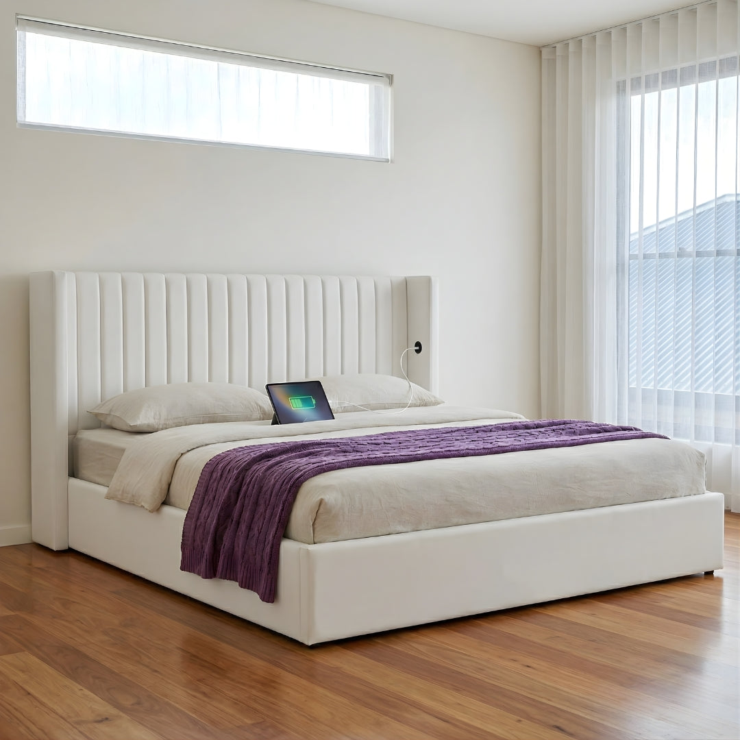 King Package | Aria Gas Lift Storage Bed Frame White & Serenity Euro Top Mattress (Medium Firm)