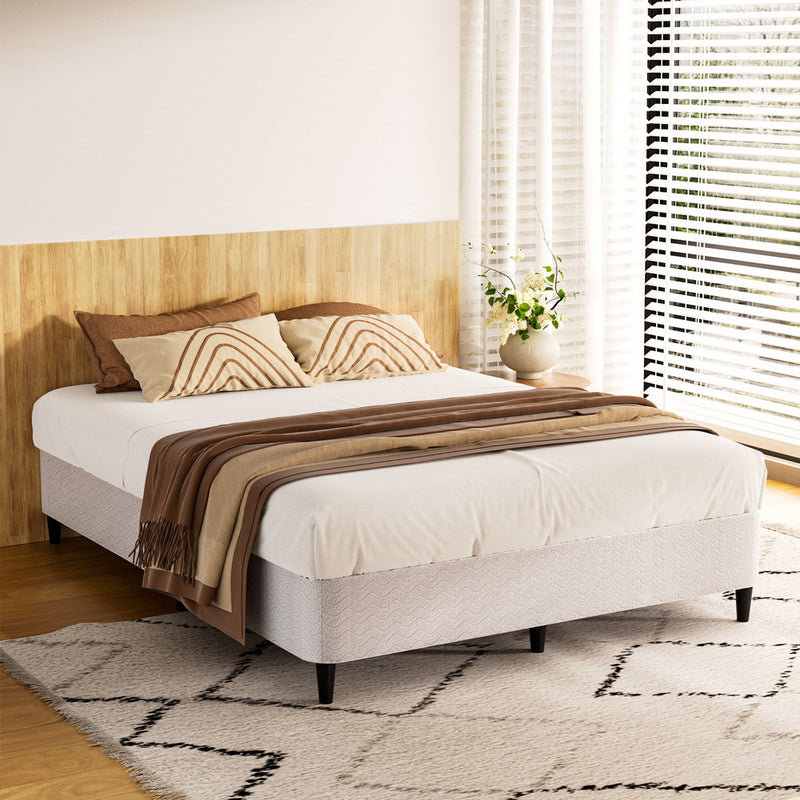 Mason Double Bed Frame Base Grey with wooden headboard, upholstered base, and black legs in modern bedroom setting