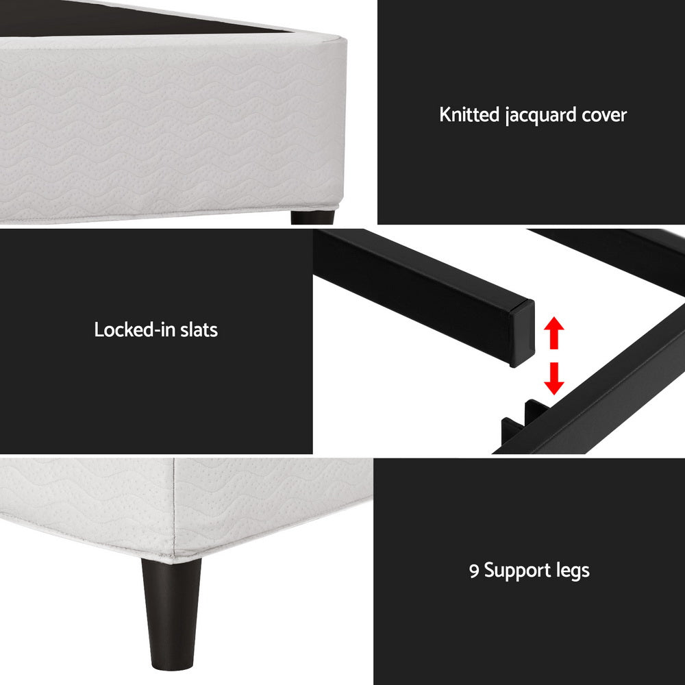 Mason Double Bed Frame Base Grey close-up showing knitted jacquard cover, locked-in slats, and nine support legs details