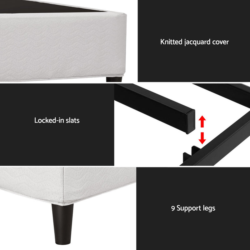 Mason Double Bed Frame Base Grey close-up showing knitted jacquard cover, locked-in slats, and nine support legs details