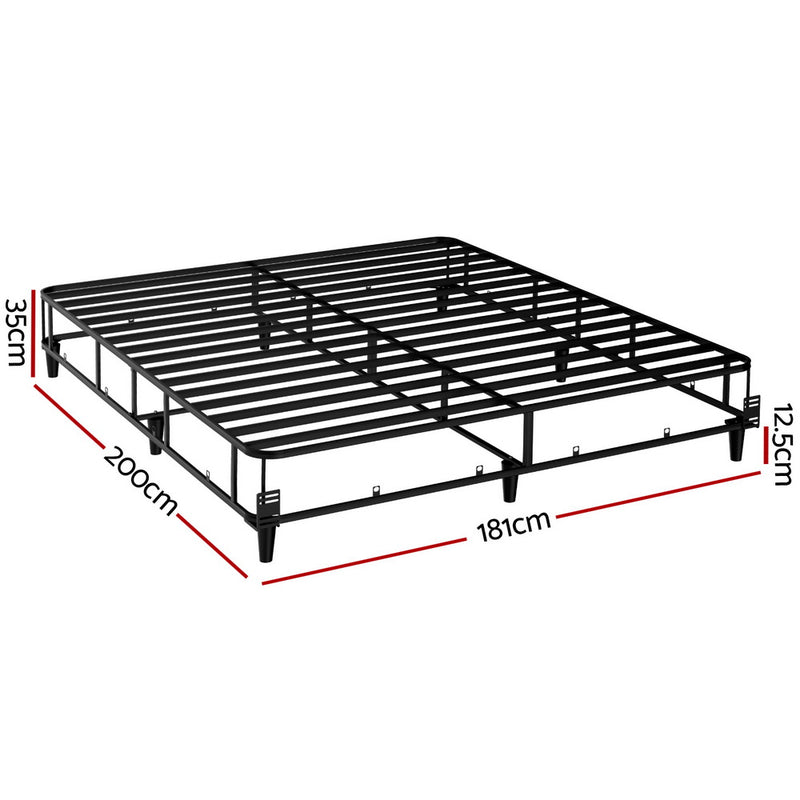 Mason King Bed Frame Base Grey metal frame with sturdy slats and legs, showing dimensions for bedroom furniture by Bedzy.