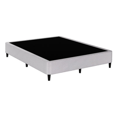 Mason Queen Bed Frame Base Grey with sturdy metal legs and fabric-covered base in modern bedroom furniture design