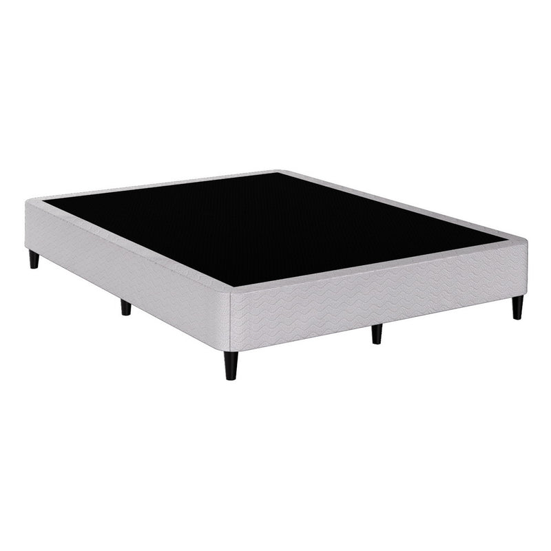 Mason Queen Bed Frame Base Grey with sturdy metal legs and fabric-covered base in modern bedroom furniture design