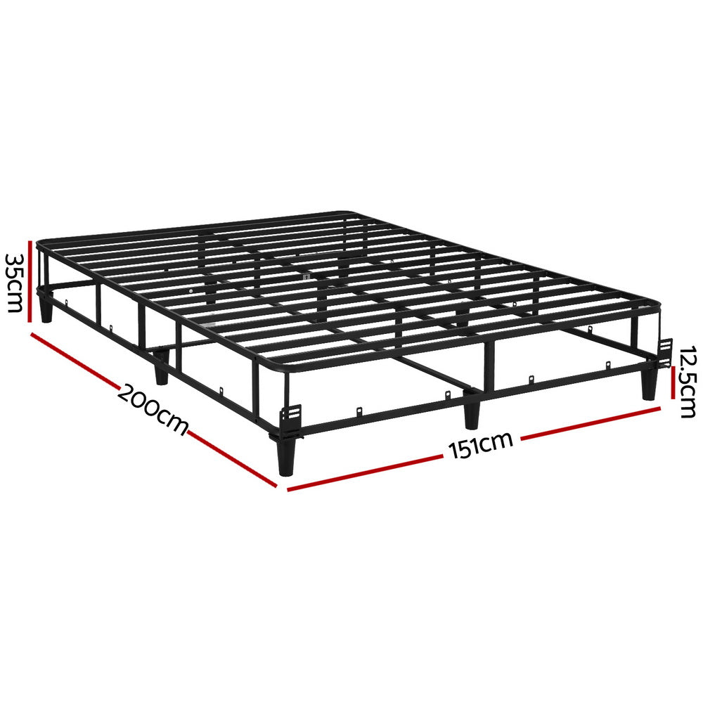 Mason Queen Bed Frame Base Grey metal frame with robust slats and legs, shown with measurement dimensions on white background
