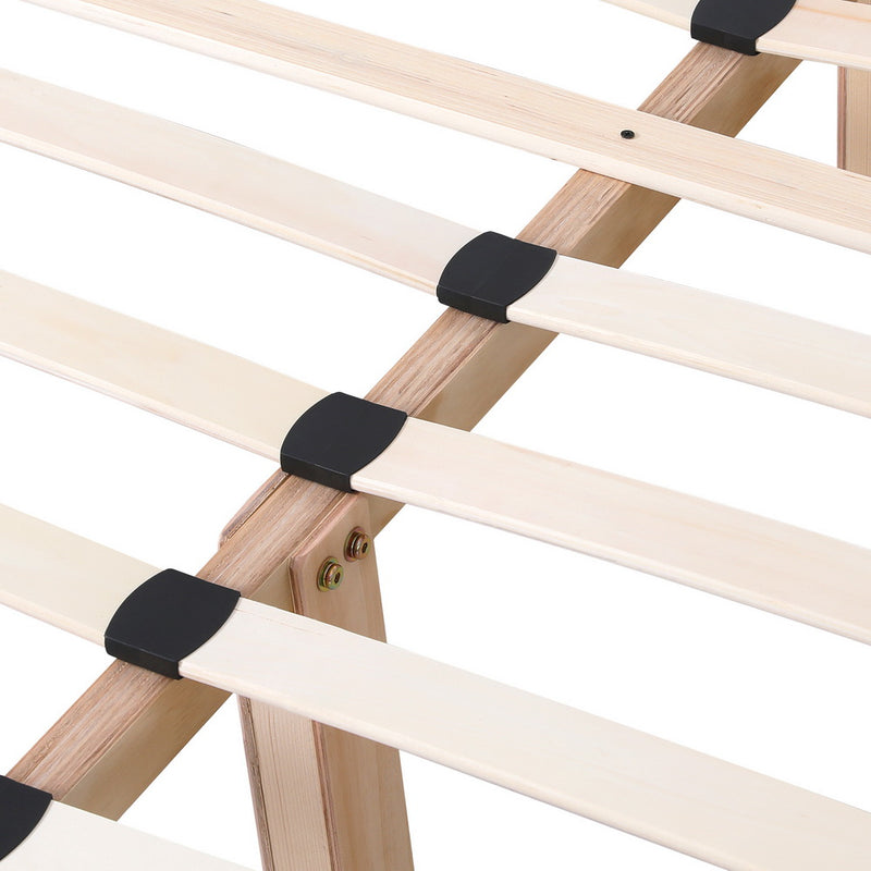 Close-up of wooden slats and frame structure of the Zora Double Bed Frame Base Beige, solid hardwood build