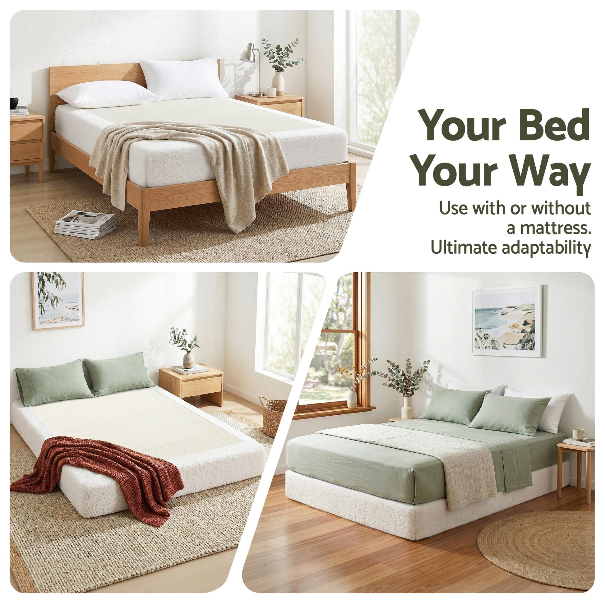 Instant-Setup Queen High-Density Sponge Boucle Compression Bed - Cream White-5