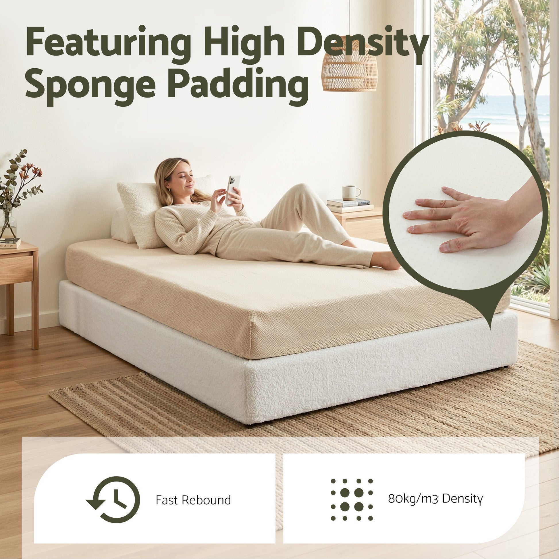 Instant-Setup Queen High-Density Sponge Boucle Compression Bed - Cream White-7
