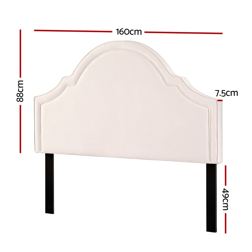 Bed Head Headboard Queen Velvet IRIS Beige with elegant scalloped design and pine wood legs for bedroom furniture by Bedzy