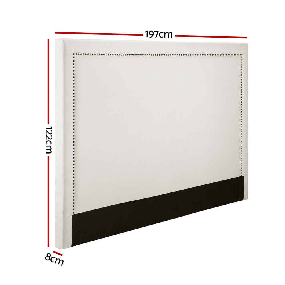 Rive King Size Headboard - Beige with decorative nailhead trim, 197cm wide, 122cm tall, and 8cm deep.