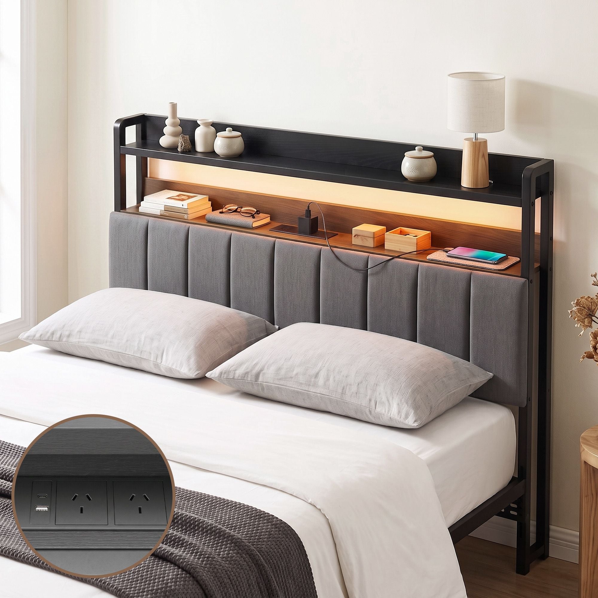 Double Headboard Charging Station Storage LED Light Grey Upholstered