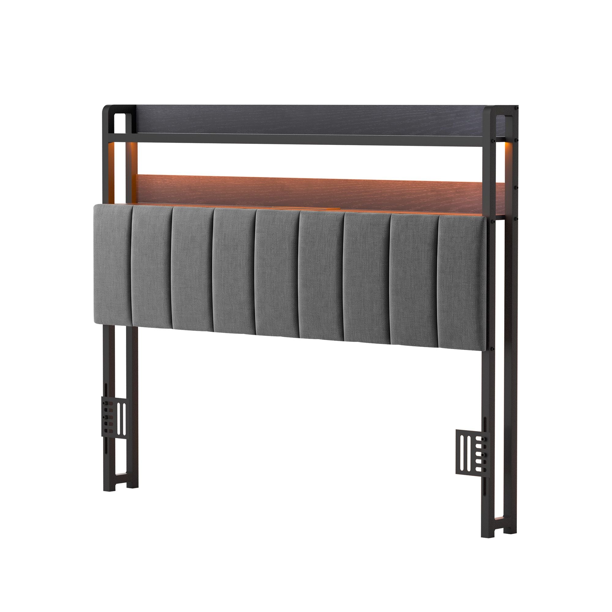 Double Headboard Charging Station Storage LED Light Grey Upholstered
