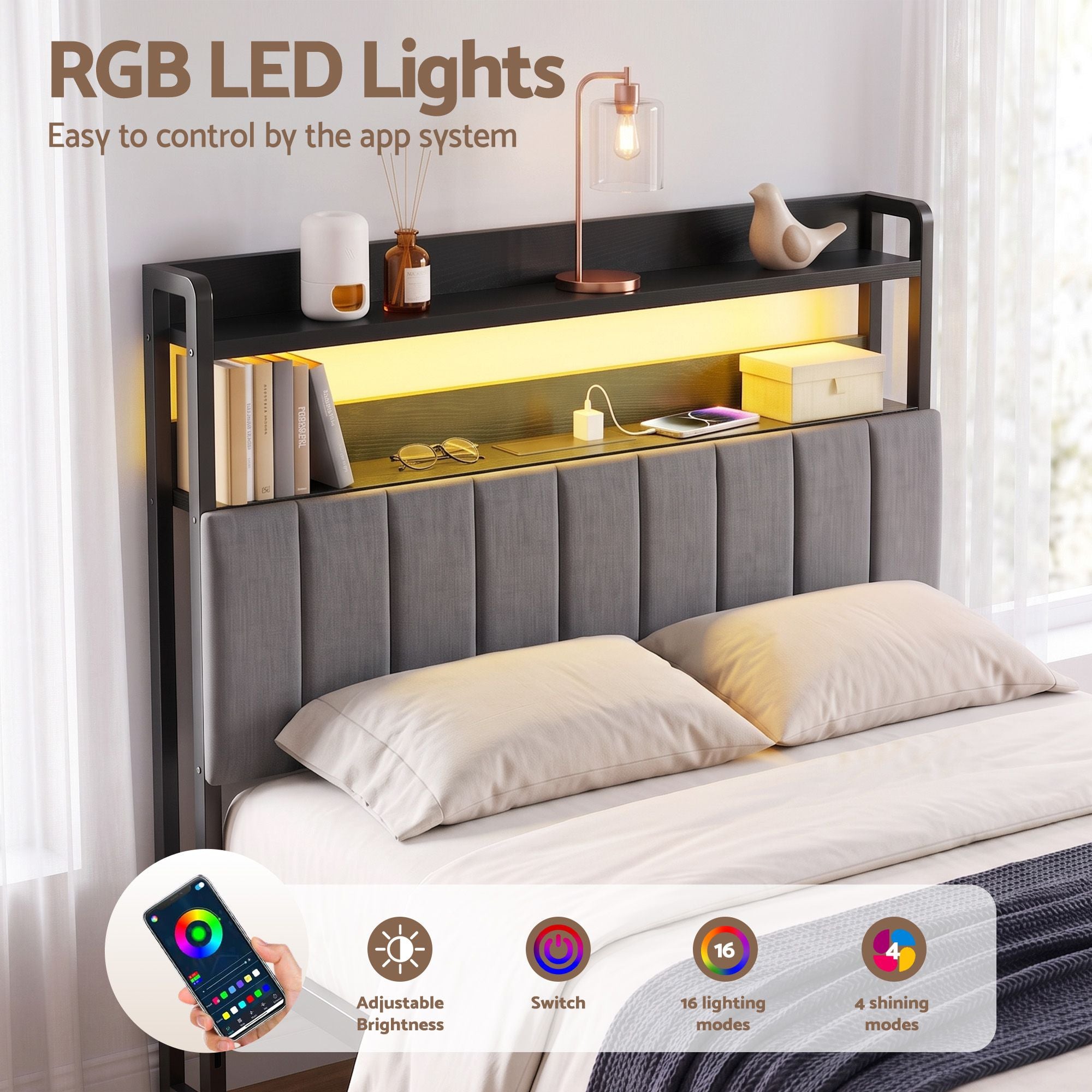 Double Headboard Charging Station Storage LED Light Grey Upholstered