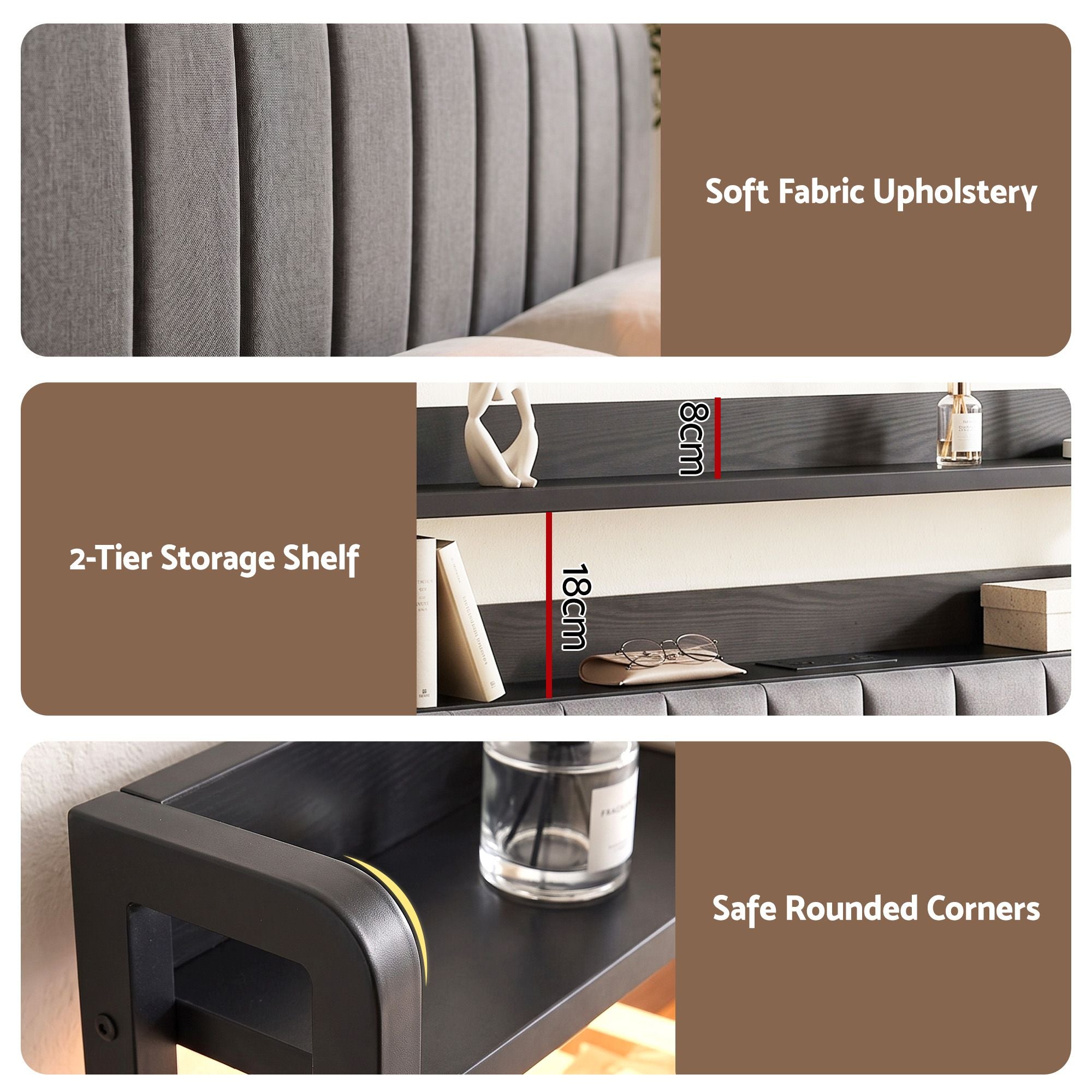 King Headboard Charging Station Storage LED Light Grey Upholstered