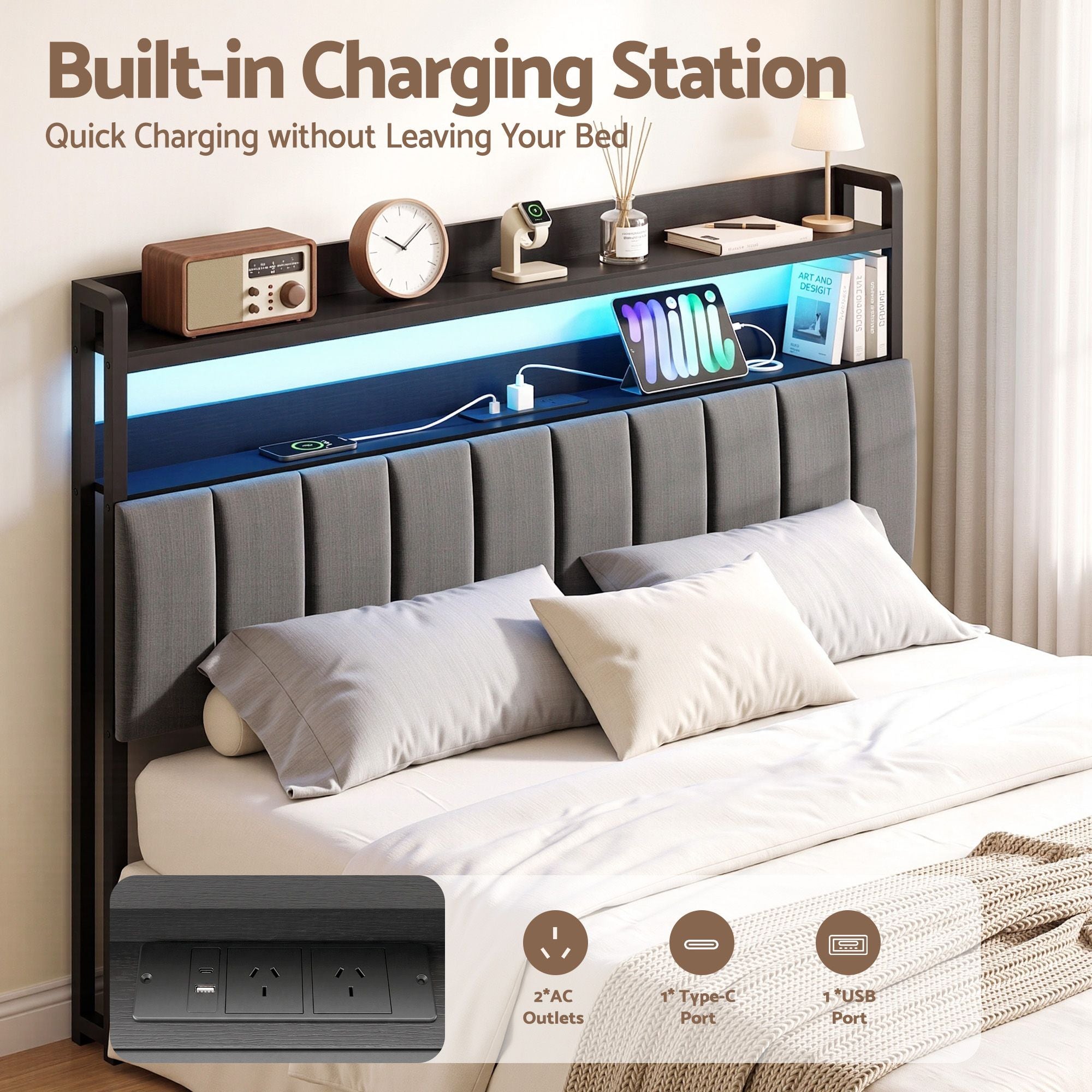Queen Headboard Charging Station Storage LED Light Grey Upholstered