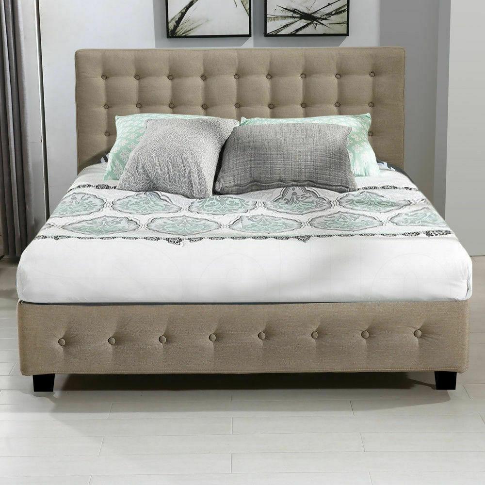 Altera Gas Lift Storage Double Bed Frame – Beige with tufted headboard, soft fabric upholstery, and low black legs in bedroom setting