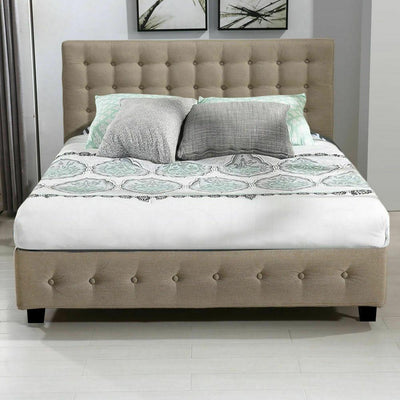 Altera Gas Lift Storage Double Bed Frame – Beige with tufted headboard, soft fabric upholstery, and low black legs in bedroom setting