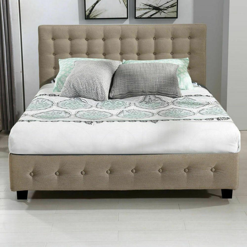 Altera Gas Lift Storage Double Bed Frame – Beige with tufted headboard, soft fabric upholstery, and low black legs in bedroom setting