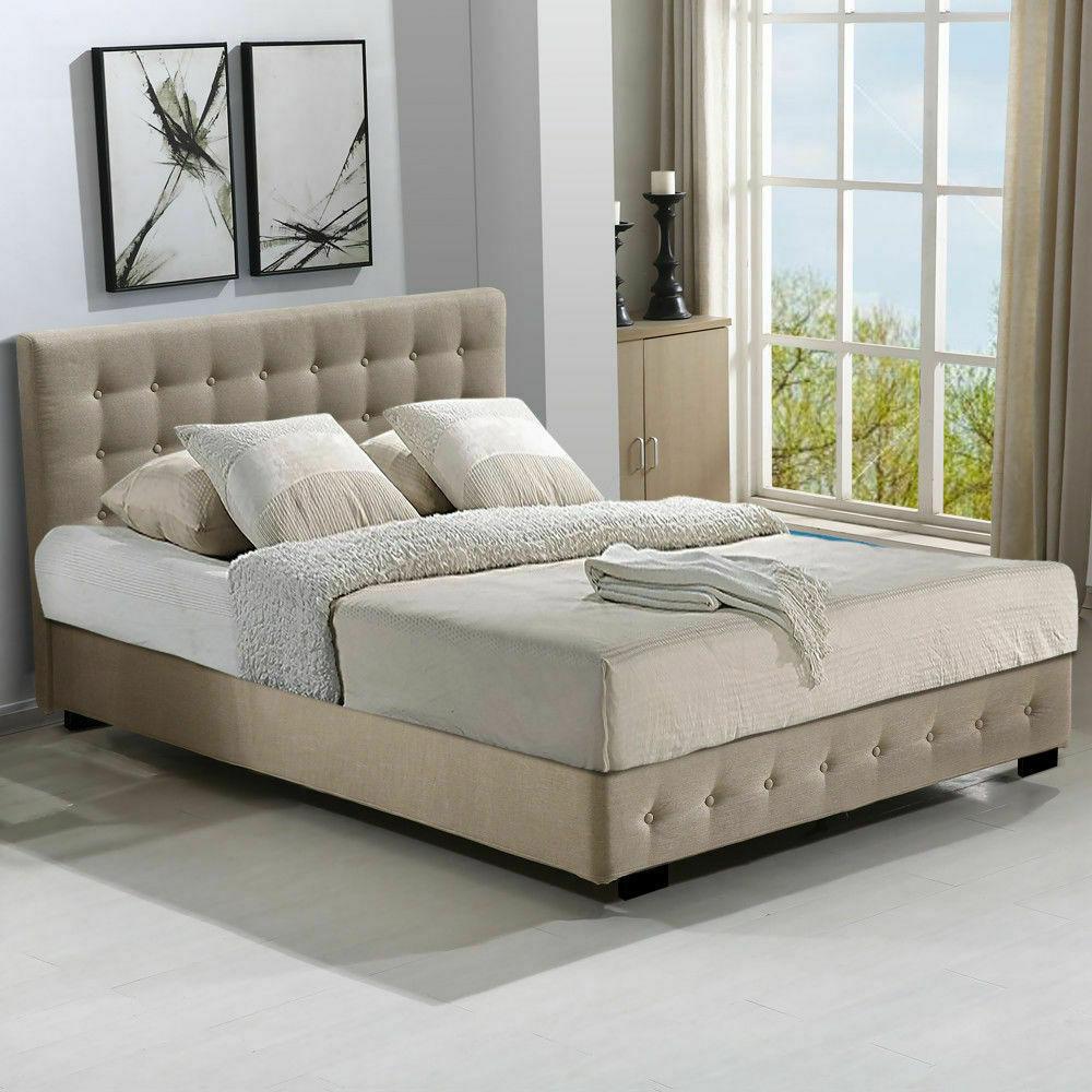 Altera Gas Lift Storage Queen Bed Frame – Beige with tufted headboard and soft fabric upholstery in a bright bedroom setting