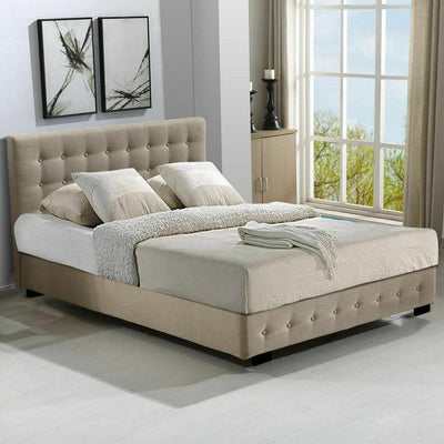 Altera Gas Lift Storage Double Bed Frame – Beige upholstered bed with tufted headboard in bright bedroom setting