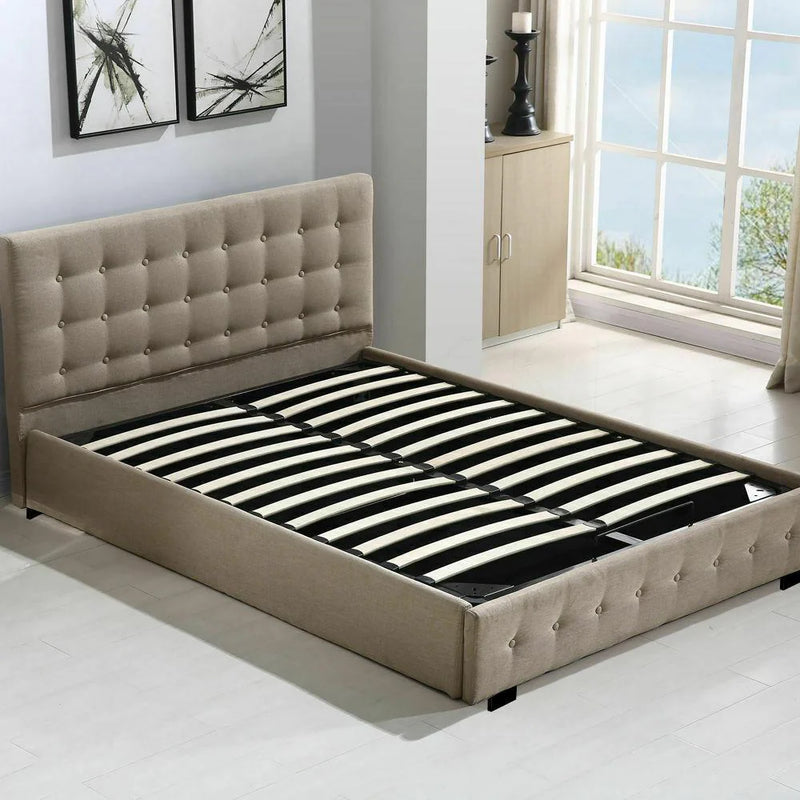 Altera Gas Lift Storage Double Bed Frame – Beige with tufted headboard, wooden slats, and upholstered frame in bedroom setting