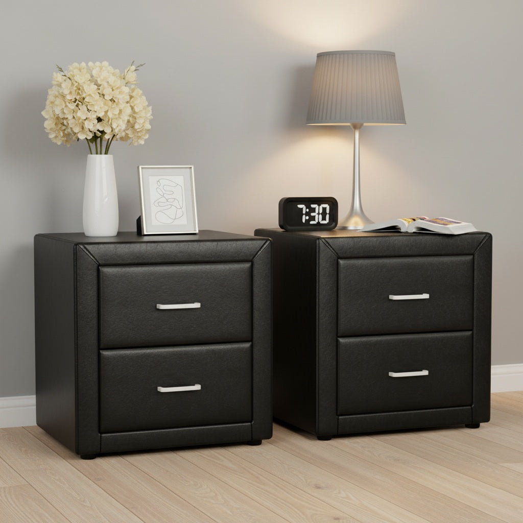 2X Bedside Table 2 Drawers Side Table Leather - CADEN Black twin pack with silver handles styled with lamp, clock, and decor