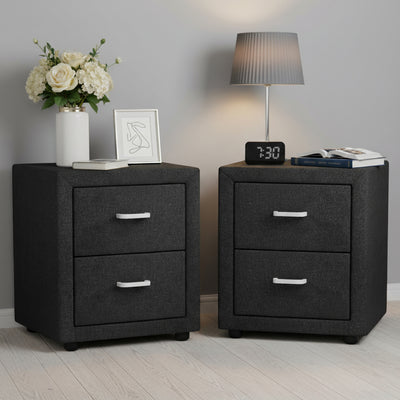 2X Bedside Table 2 Drawers Fabric - CADEN Charcoal twin pack with linen fabric, silver handles, styled with lamp and decor in bedroom setting