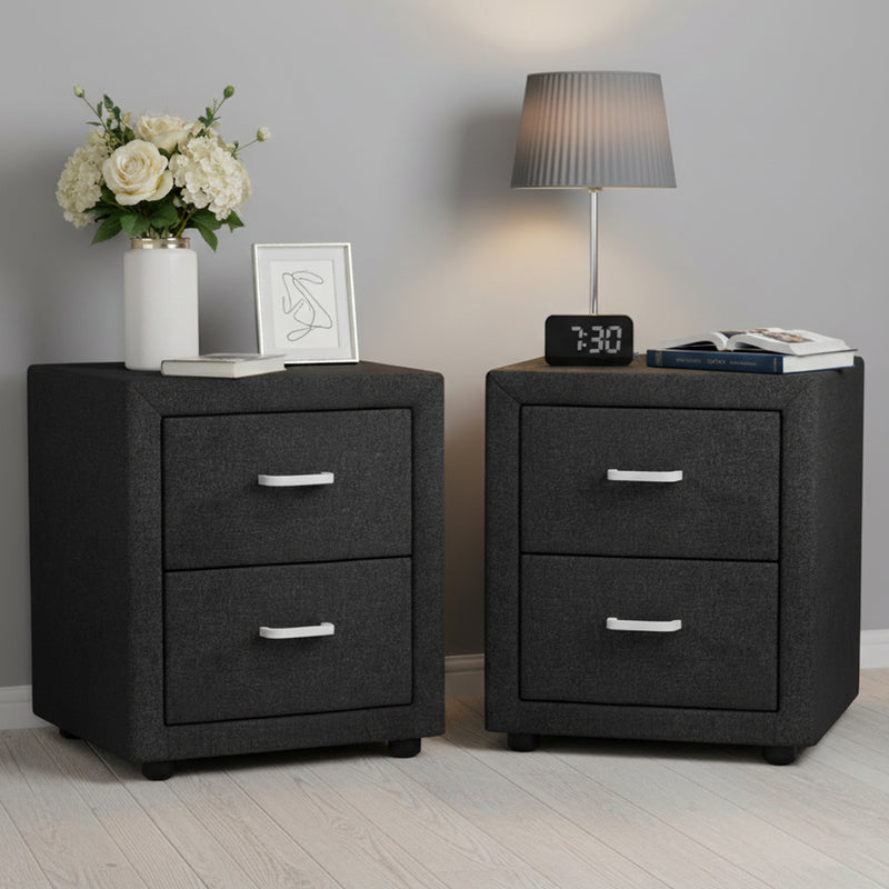 2X Bedside Table 2 Drawers Fabric - CADEN Charcoal twin pack with linen fabric, silver handles, styled with lamp and decor in bedroom setting