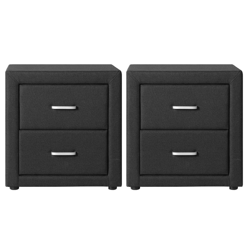 2X Bedside Table 2 Drawers Fabric - CADEN Charcoal twin pack with silver handles, linen fabric finish, and modern bedroom furniture design