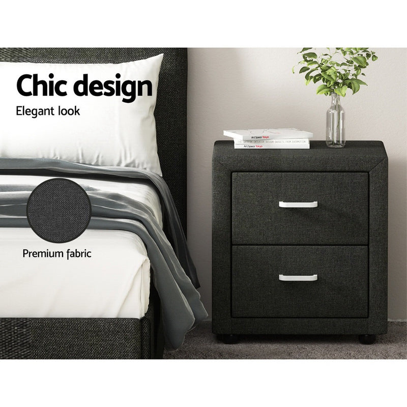 2X Bedside Table 2 Drawers Fabric - CADEN Charcoal with linen fabric, two drawers, modern bedroom furniture beside bed